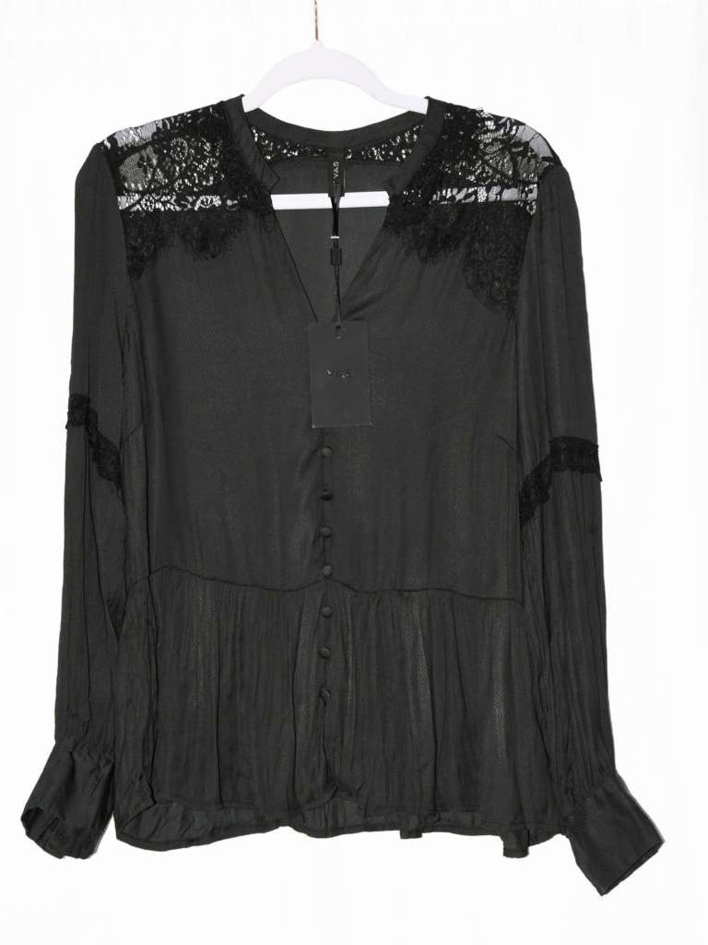 Black Lace Yoke Long Sleeve Button-Front Blouse